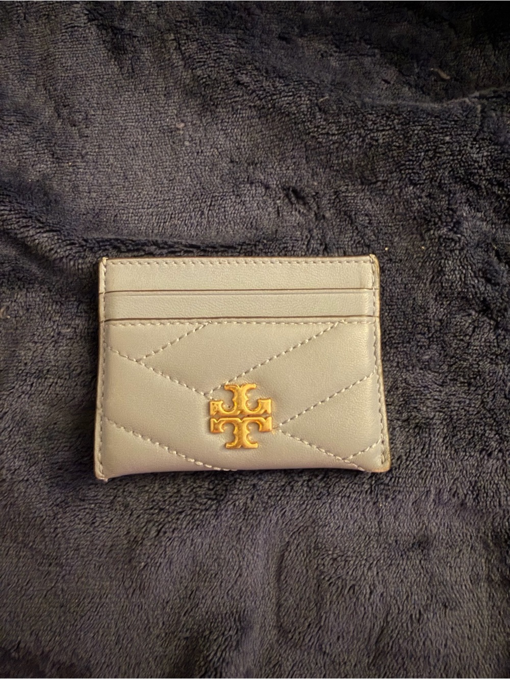 Tory Burch Light Gray Quilted Leather Card Holder with Gold Logo